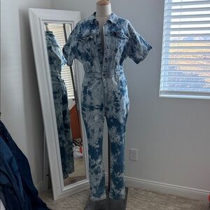 Fashion Nova Blue Tie-Dye Denim Jumpsuit